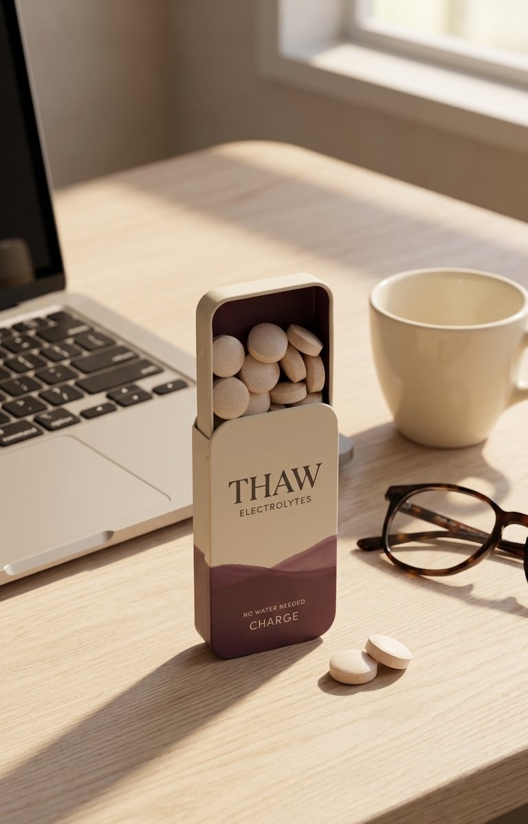THAW Charge tin open on a desk beside a laptop and coffee cup