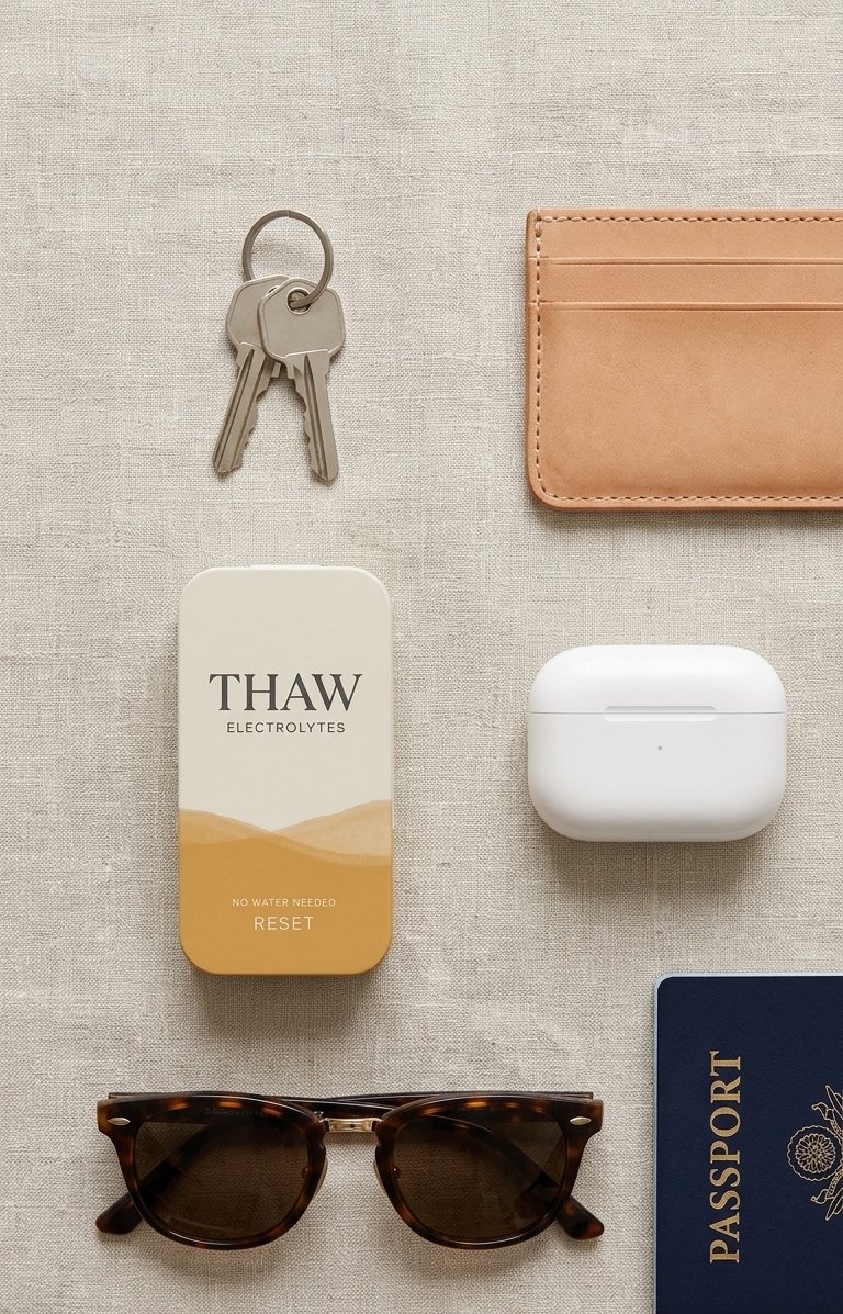 THAW Reset tin laid out with keys, wallet, AirPods, sunglasses and passport