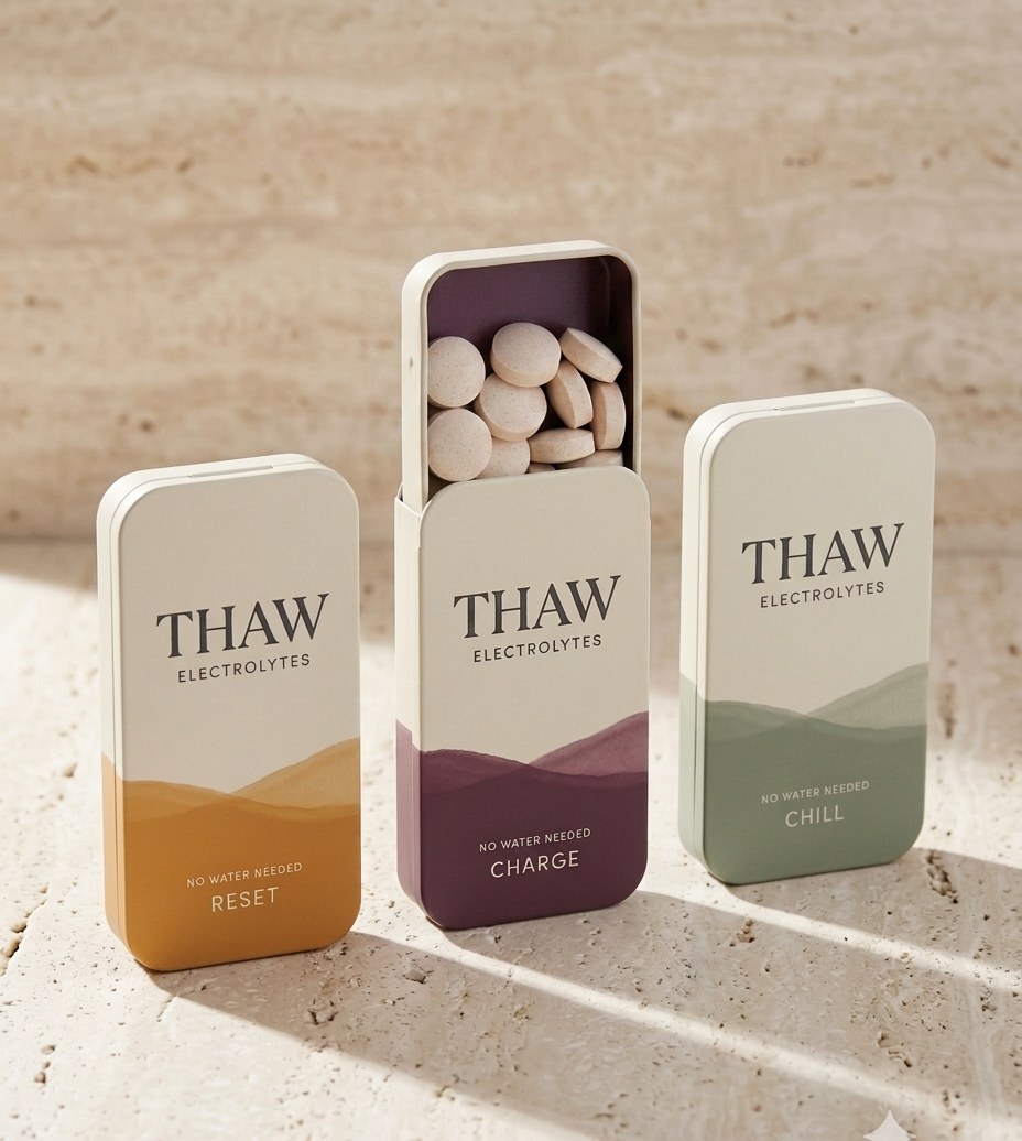 Three THAW electrolyte tins in bone cream with amber, plum and sage meltlines