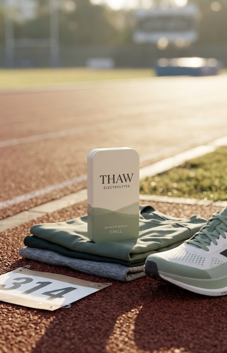 THAW Chill tin trackside beside running shoes and a race bib